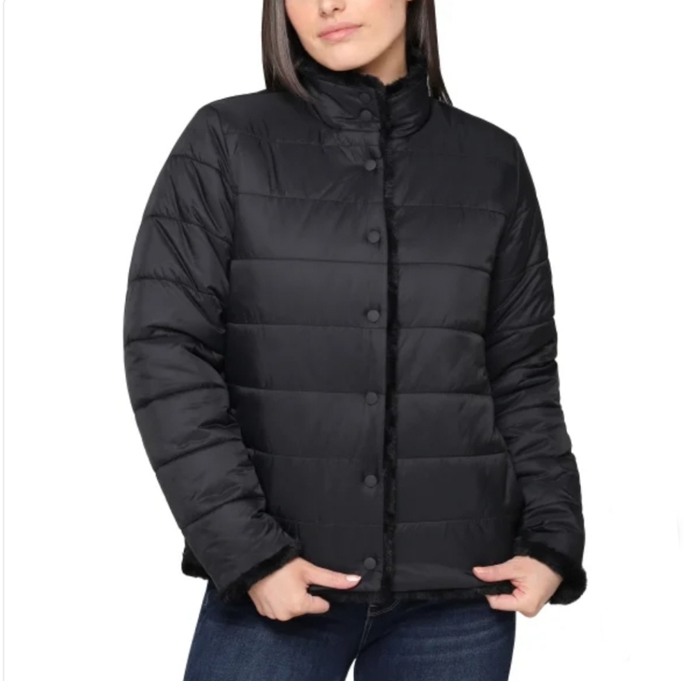 Nicole Miller Ladies' Quilted Taffeta Jacket Faux Fur Lined Reversible Black NWT